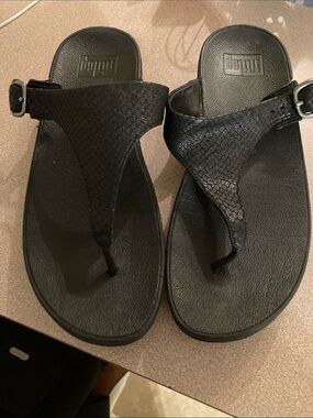 FitFlop Black Textured Thong Sandals with Buckle